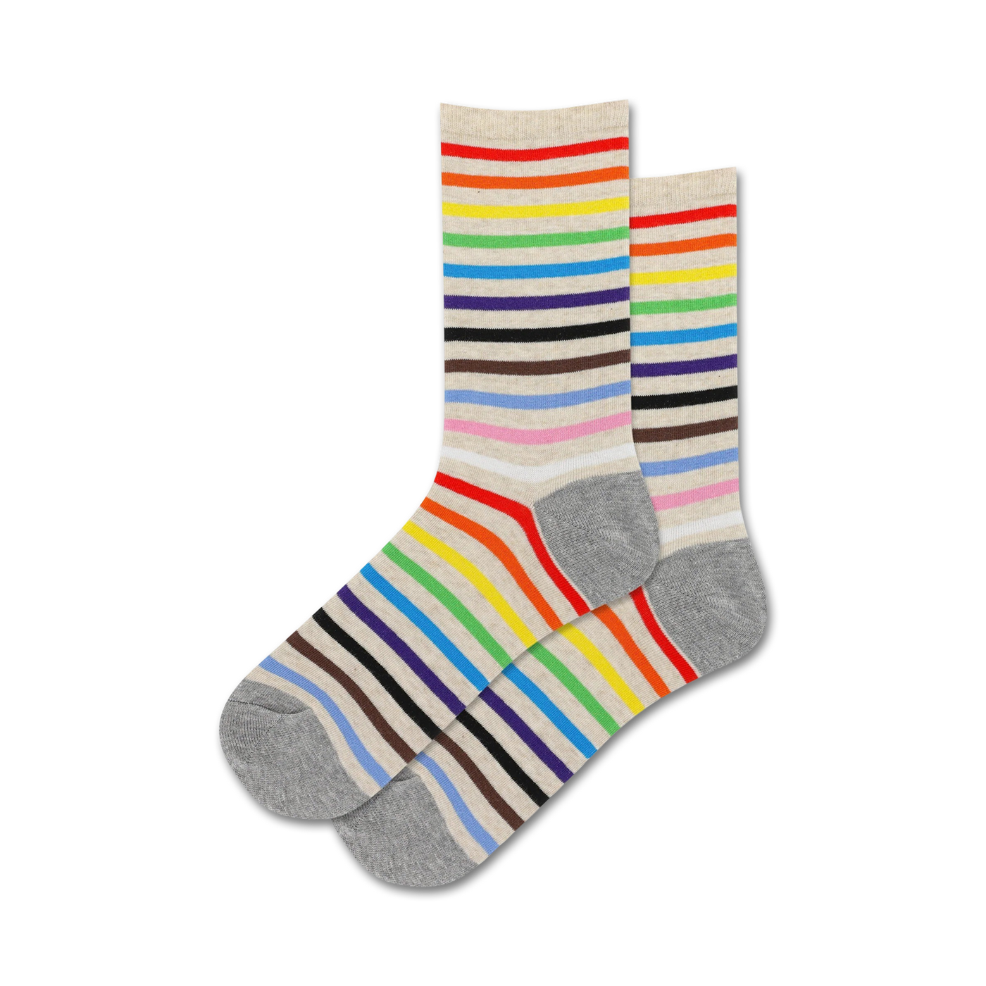 Three pairs of crew socks in beige with multicolored horizontal stripes.  The stripes include red, orange, yellow, green, blue, purple, brown and black.