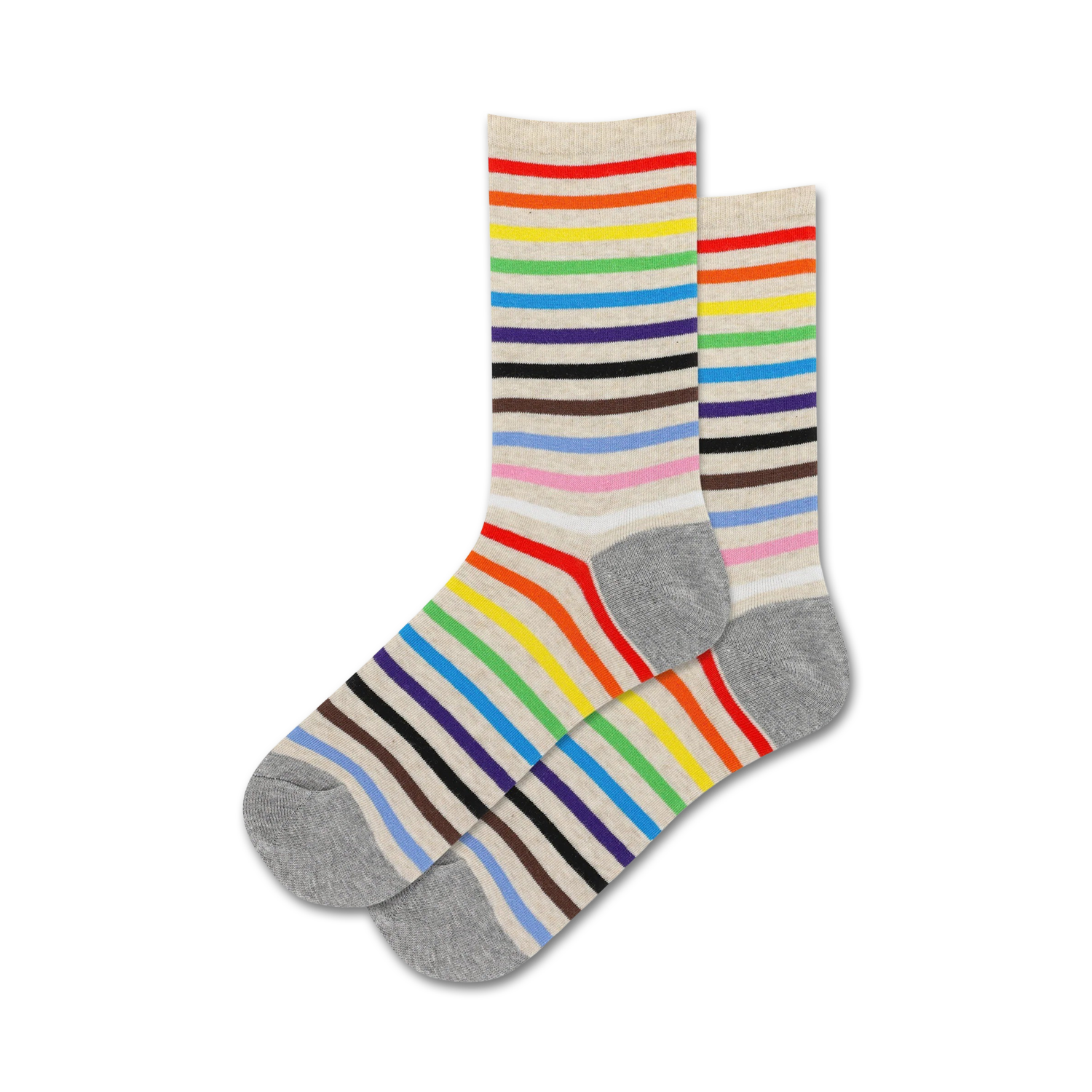 Three pairs of crew socks in beige with multicolored horizontal stripes.  The stripes include red, orange, yellow, green, blue, purple, brown and black.
