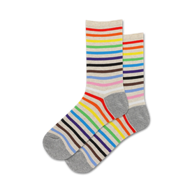 crew socks with alternating wide and narrow stripes in pride colors (red, orange, yellow, green, blue, purple, black, light gray, dark gray, white, light brown).  