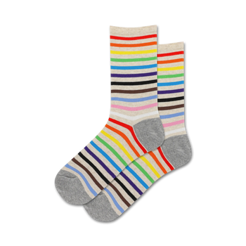 crew socks with alternating wide and narrow stripes in pride colors (red, orange, yellow, green, blue, purple, black, light gray, dark gray, white, light brown).  