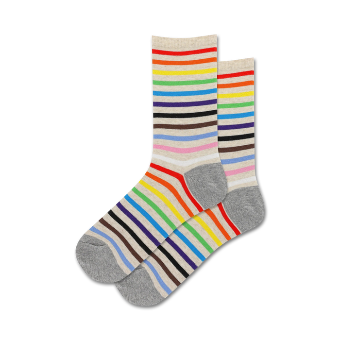 crew socks with alternating wide and narrow stripes in pride colors (red, orange, yellow, green, blue, purple, black, light gray, dark gray, white, light brown).   }}