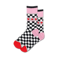 Pair of women's crew socks. Black and white checkered pattern with a pink cuff and a row of small red hearts.