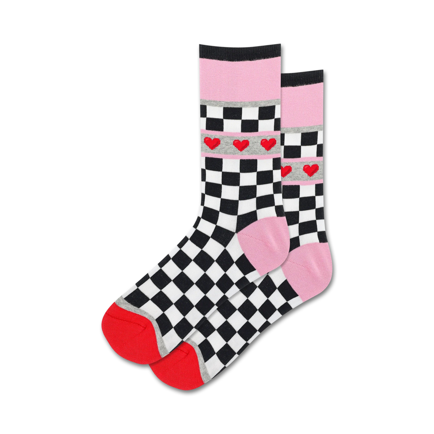 Pair of women's crew socks. Black and white checkered pattern with a pink cuff and a row of small red hearts.
