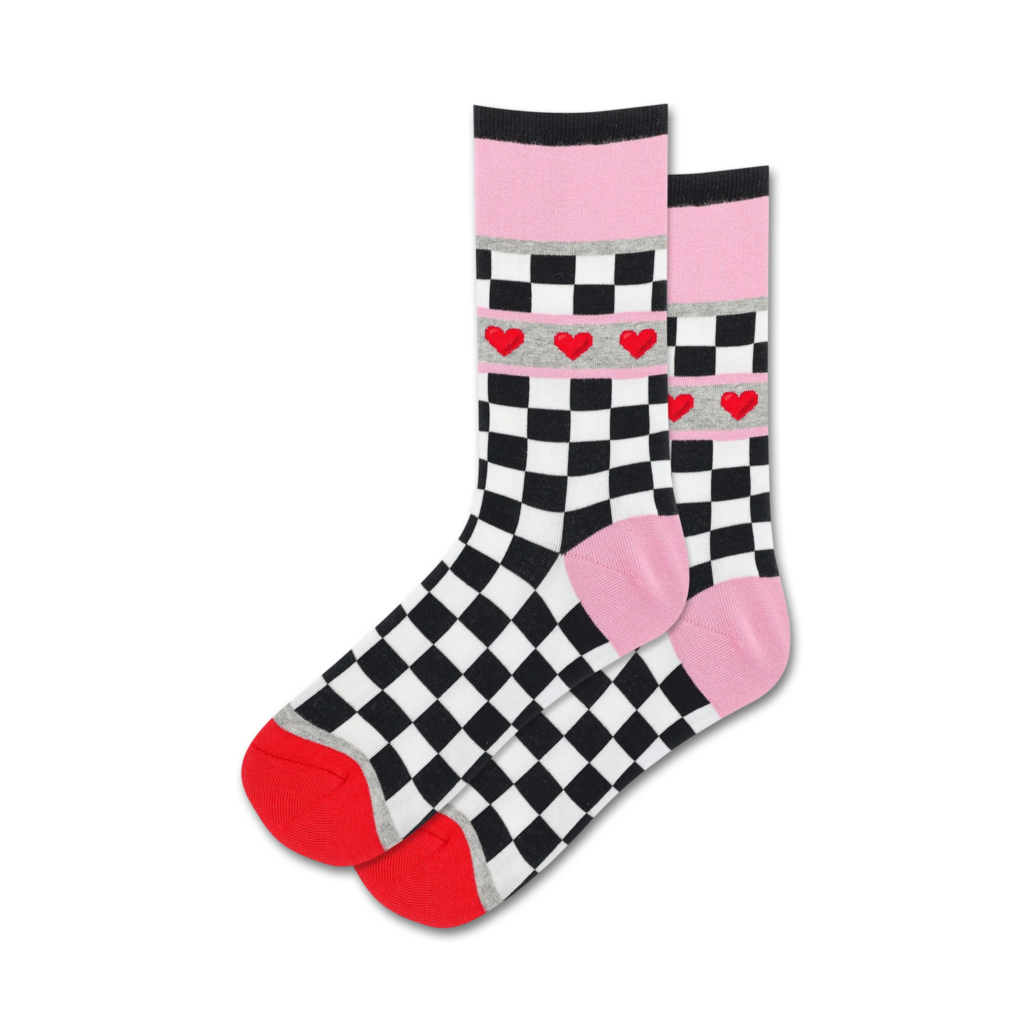 Pair of women's crew socks. Black and white checkered pattern with a pink cuff and a row of small red hearts.