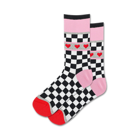black and white checkered crew socks with a pink toe, light pink cuff, and three red hearts.  