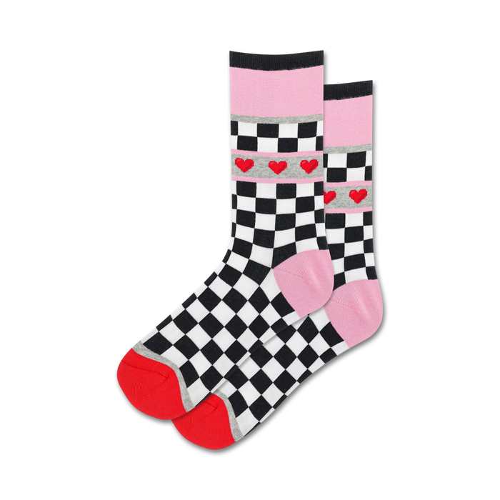 black and white checkered crew socks with a pink toe, light pink cuff, and three red hearts.   }}