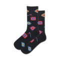 Pair of black crew socks adorned with colorful granny square and knitting needle designs.
