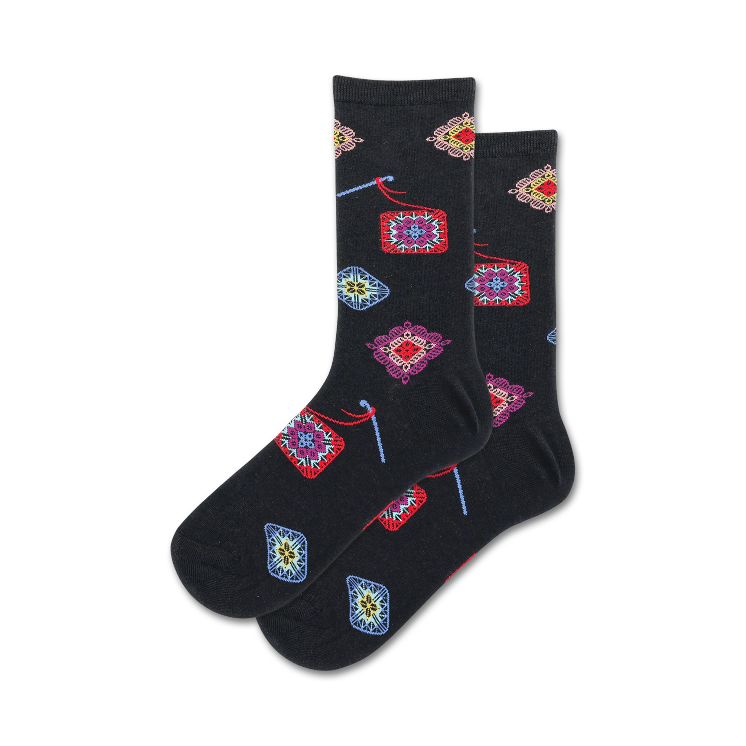 Pair of black crew socks adorned with colorful granny square and knitting needle designs.