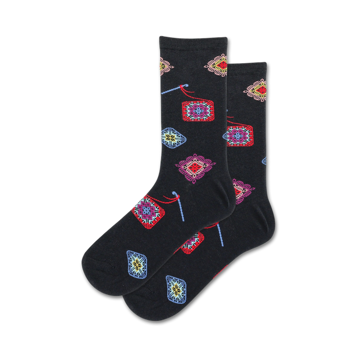 granny square crew socks: black socks with granny square patterns featuring colorful yarns and various designs.   