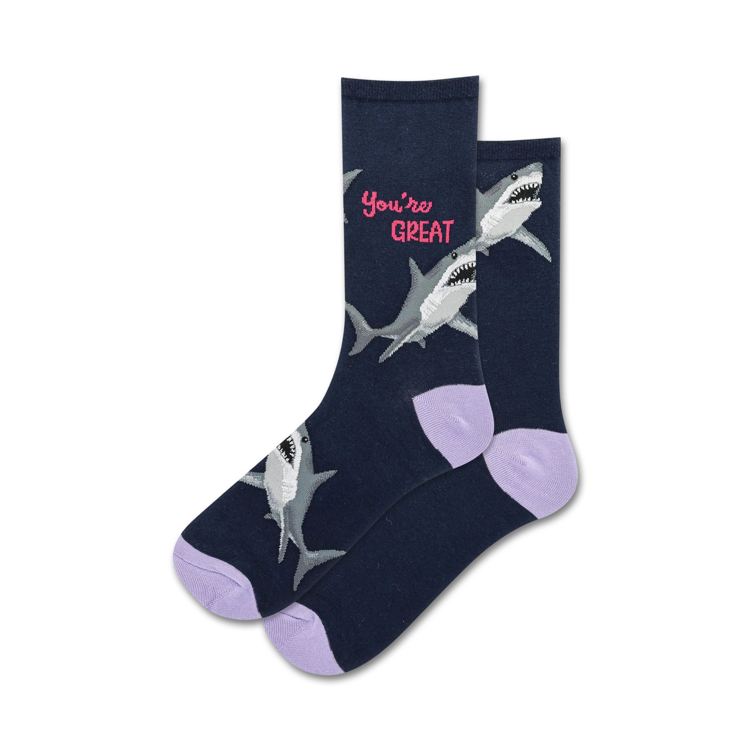 Pair of navy crew socks with light purple cuffs, featuring gray sharks and the text 'You're Great' in pink.