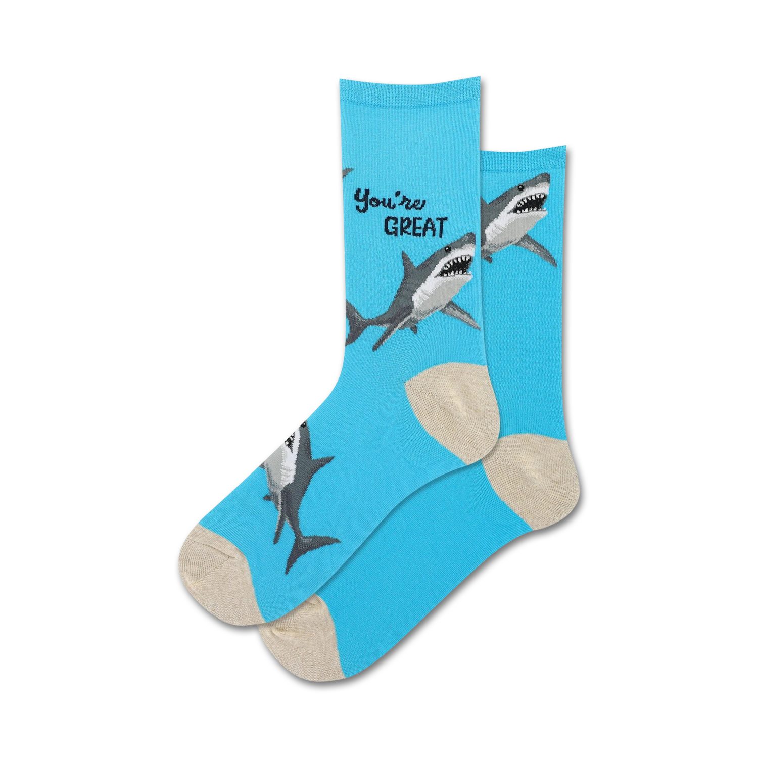 Lifestyle shot showing the light blue 'You're Great' socks with shark design on a person's feet.