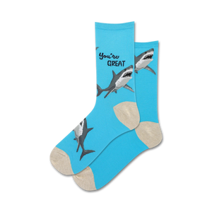 blue novelty socks with cartoon sharks and 