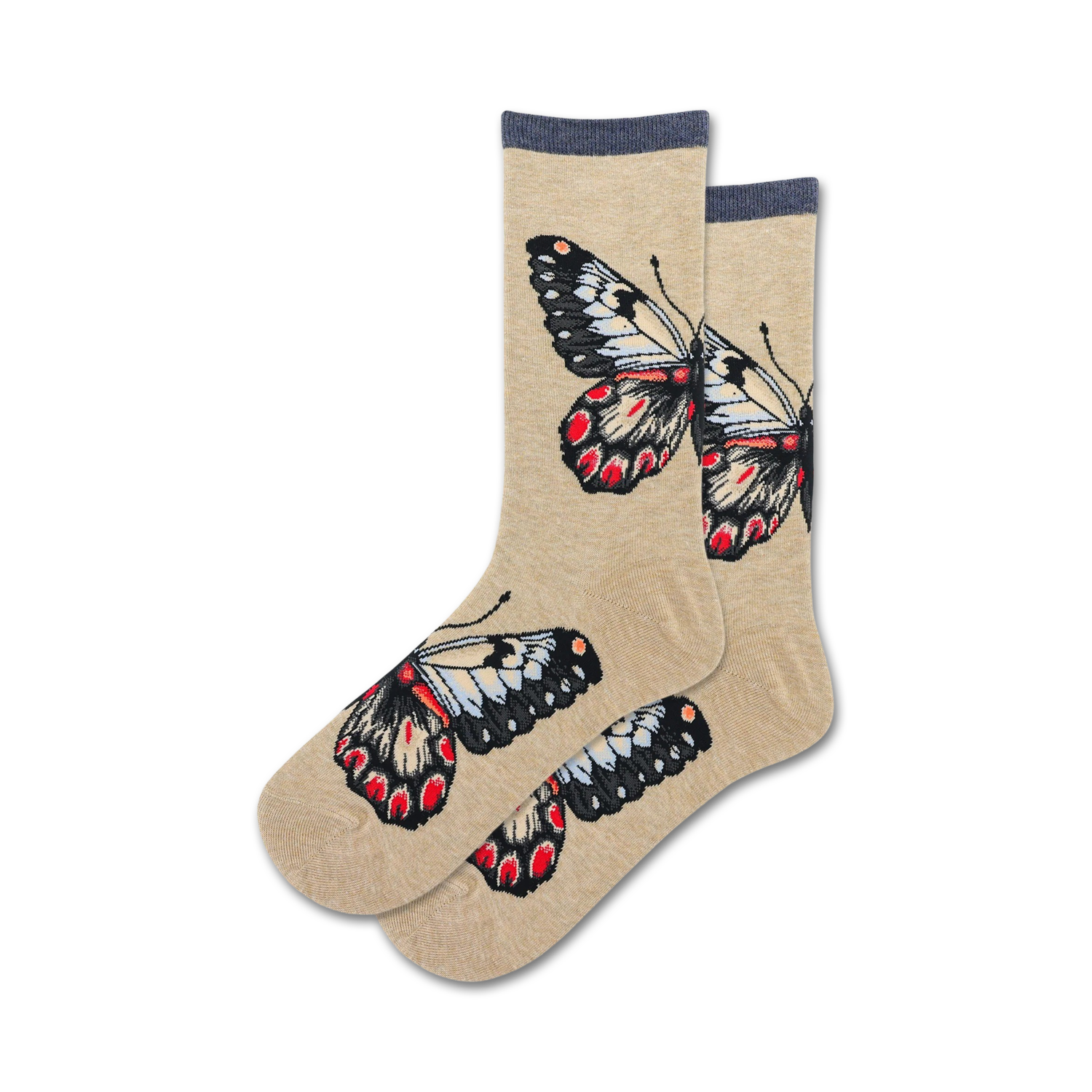 Pair of beige crew socks with large, single butterfly design on each sock.
