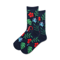 Pair of navy blue crew socks featuring red hibiscus flowers, blue tree frogs, a red lizard, and green leaves.
