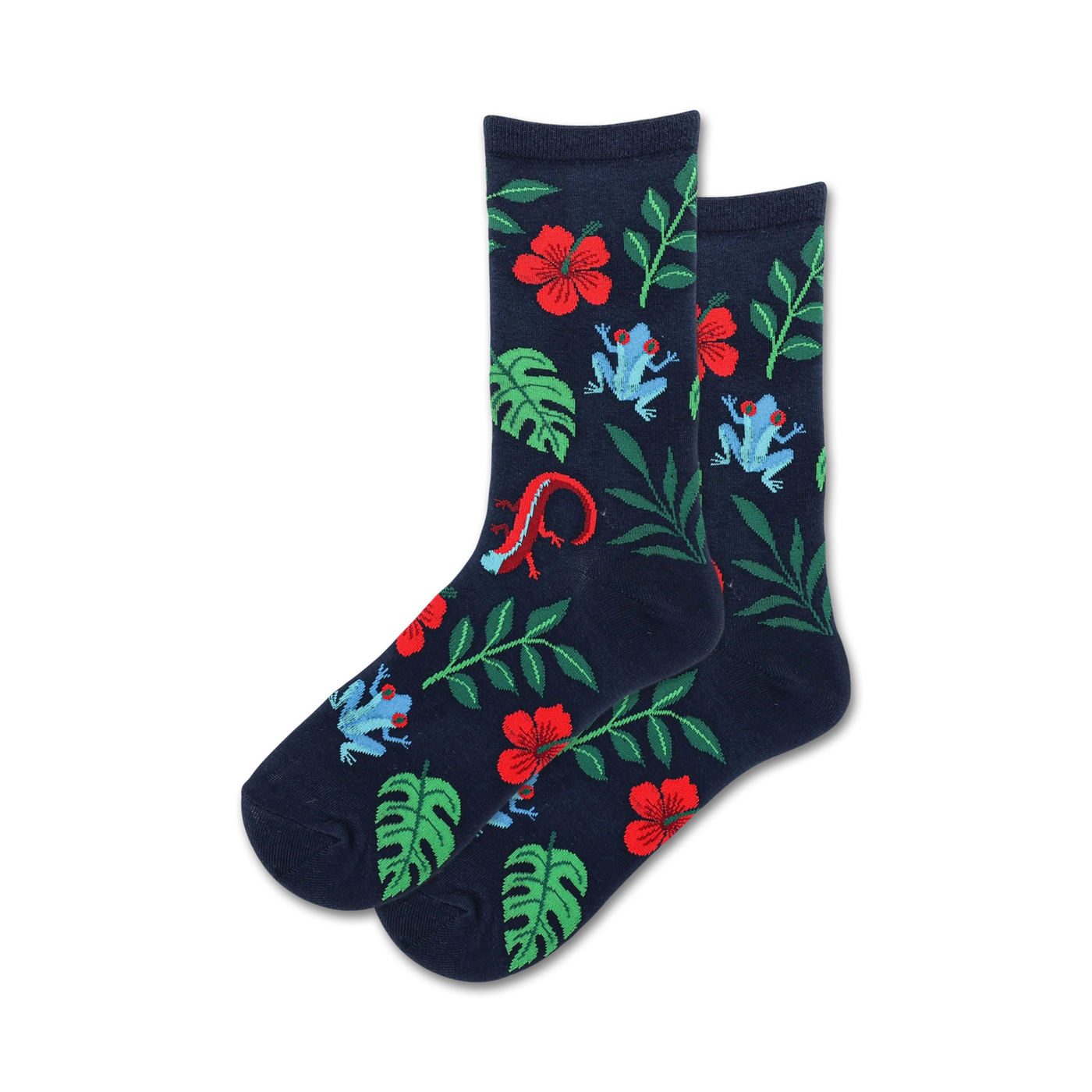 Pair of navy blue crew socks featuring red hibiscus flowers, blue tree frogs, a red lizard, and green leaves.