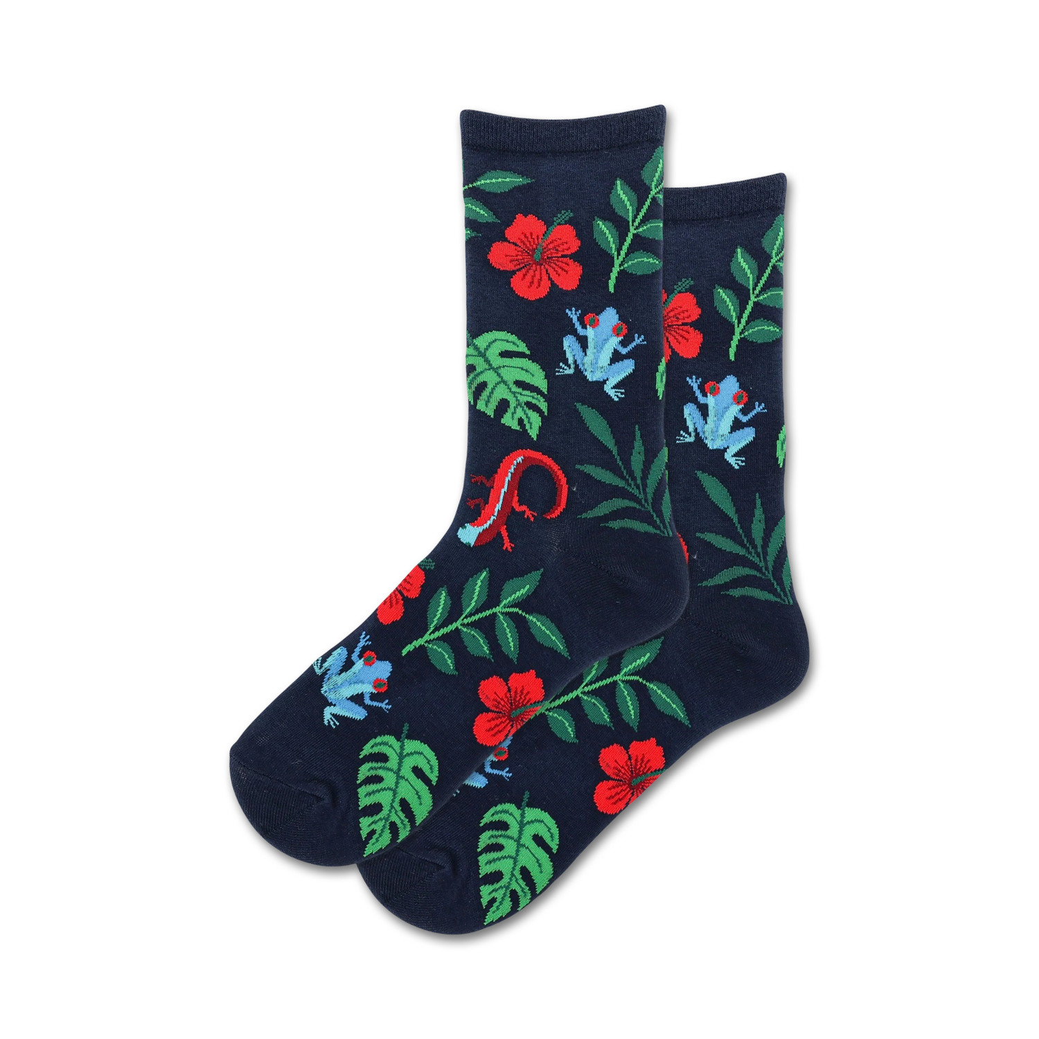 Pair of navy blue crew socks featuring red hibiscus flowers, blue tree frogs, a red lizard, and green leaves.
