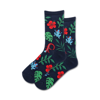 dark blue womens tropical crew socks with frogs, lizards, and patterns of red and green leaves and flowers.  