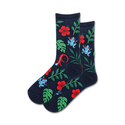 dark blue womens tropical crew socks with frogs, lizards, and patterns of red and green leaves and flowers.  