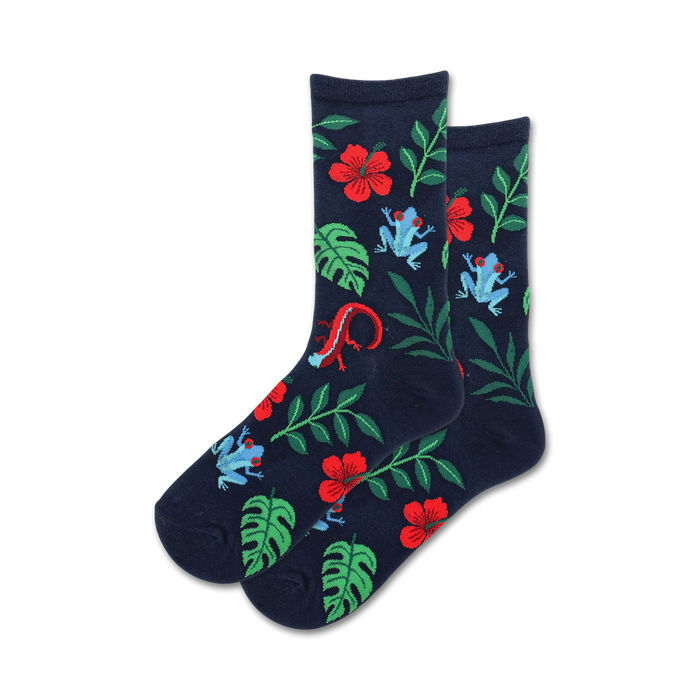 dark blue womens tropical crew socks with frogs, lizards, and patterns of red and green leaves and flowers.   }}