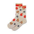 Pair of beige crew socks with red pepperoni, brown mushrooms, and black olive pizza toppings. Red and beige cuffs.