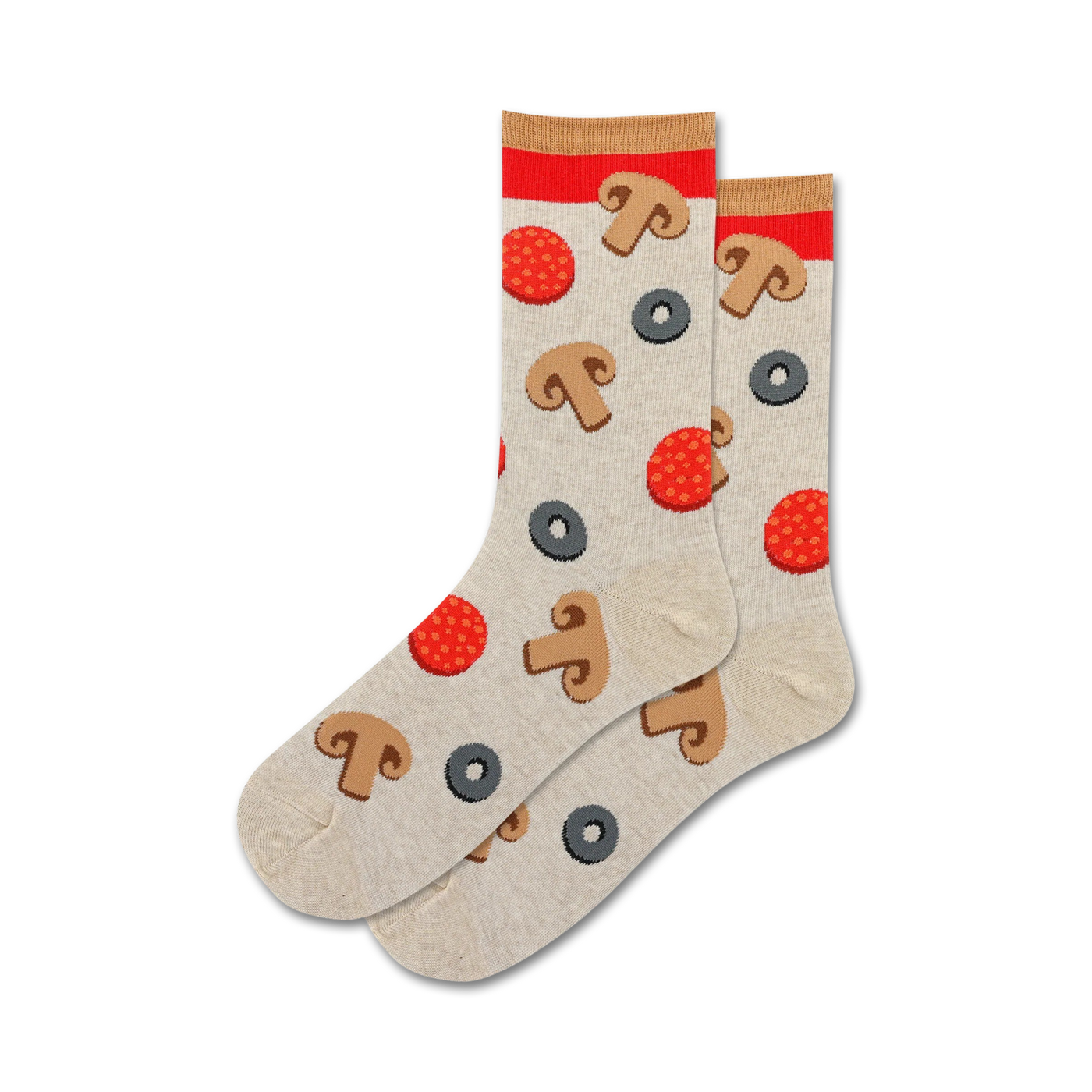 Pair of beige crew socks with red pepperoni, brown mushrooms, and black olive pizza toppings. Red and beige cuffs.