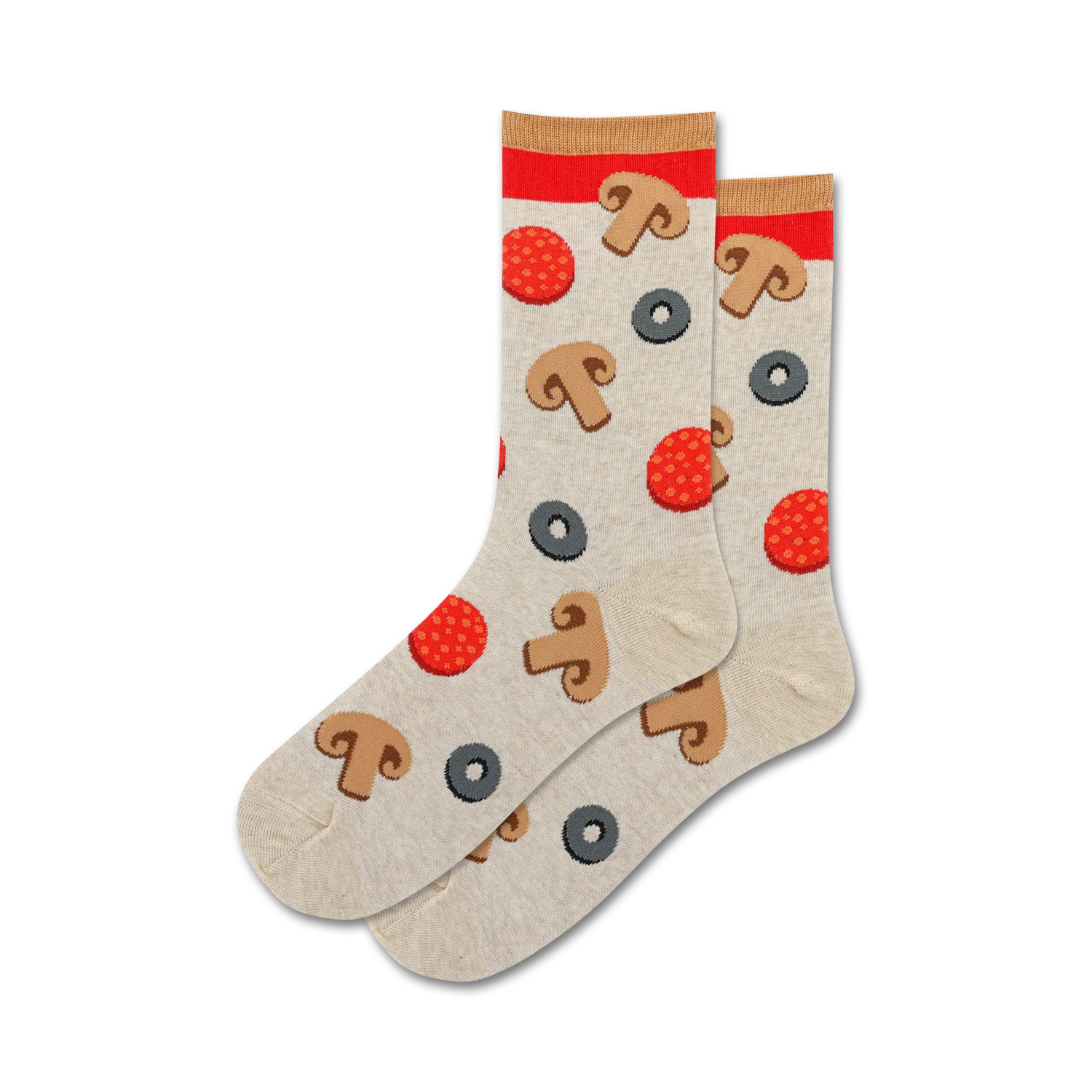 Pair of beige crew socks with red pepperoni, brown mushrooms, and black olive pizza toppings. Red and beige cuffs.