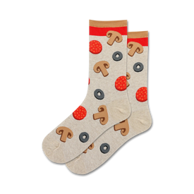 crew-length women's socks with a pepperoni, olive and mushroom pattern on light gray background. pizza themed novelty socks.  