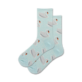 Pair of light blue crew socks with a repeating pattern of white swans and orange beaks.