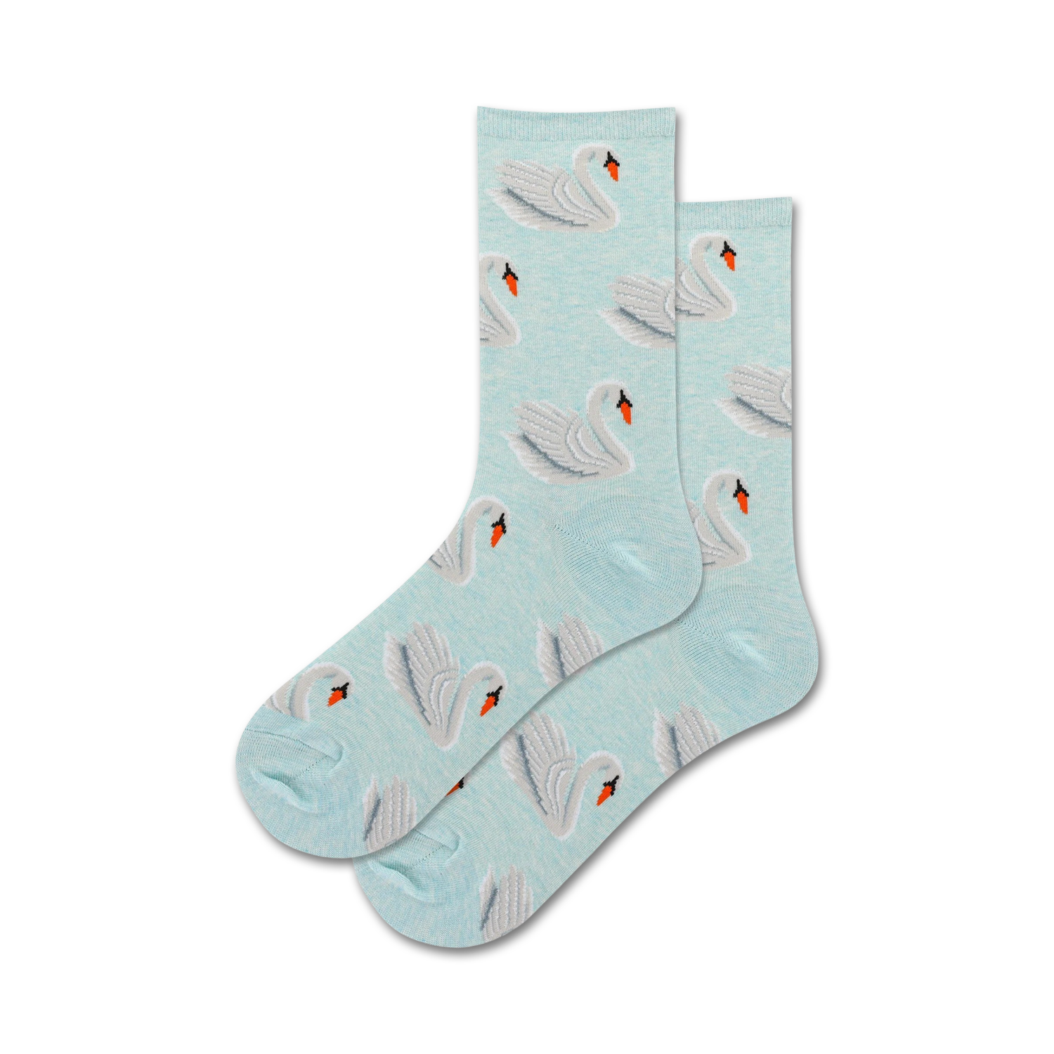 Pair of light blue crew socks with a repeating pattern of white swans and orange beaks.