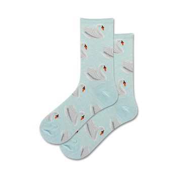 light blue crew socks featuring white swans with orange beaks and feet.  