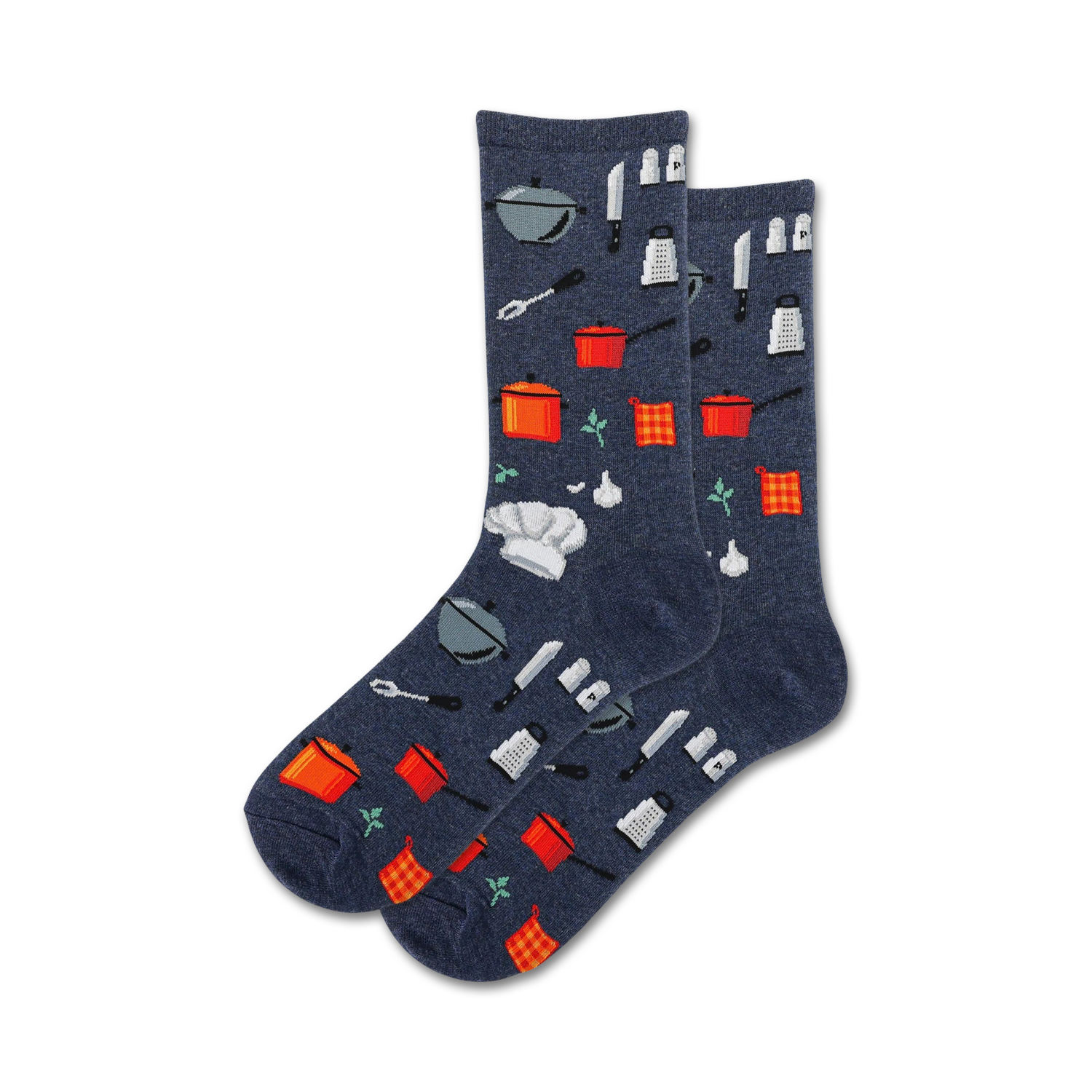 Pair of crew socks in navy blue featuring a pattern of kitchen utensils, chef hats, and checkered dish towels.