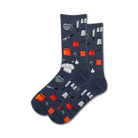 dark blue crew socks featuring patterns of kitchen utensils, pots, pans, and chef hats. perfect for women who love to cook.   