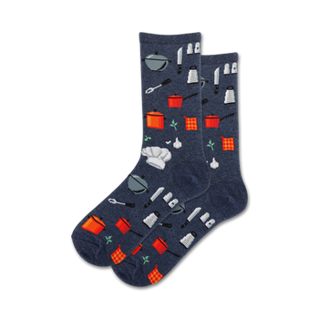 dark blue crew socks featuring patterns of kitchen utensils, pots, pans, and chef hats. perfect for women who love to cook.   