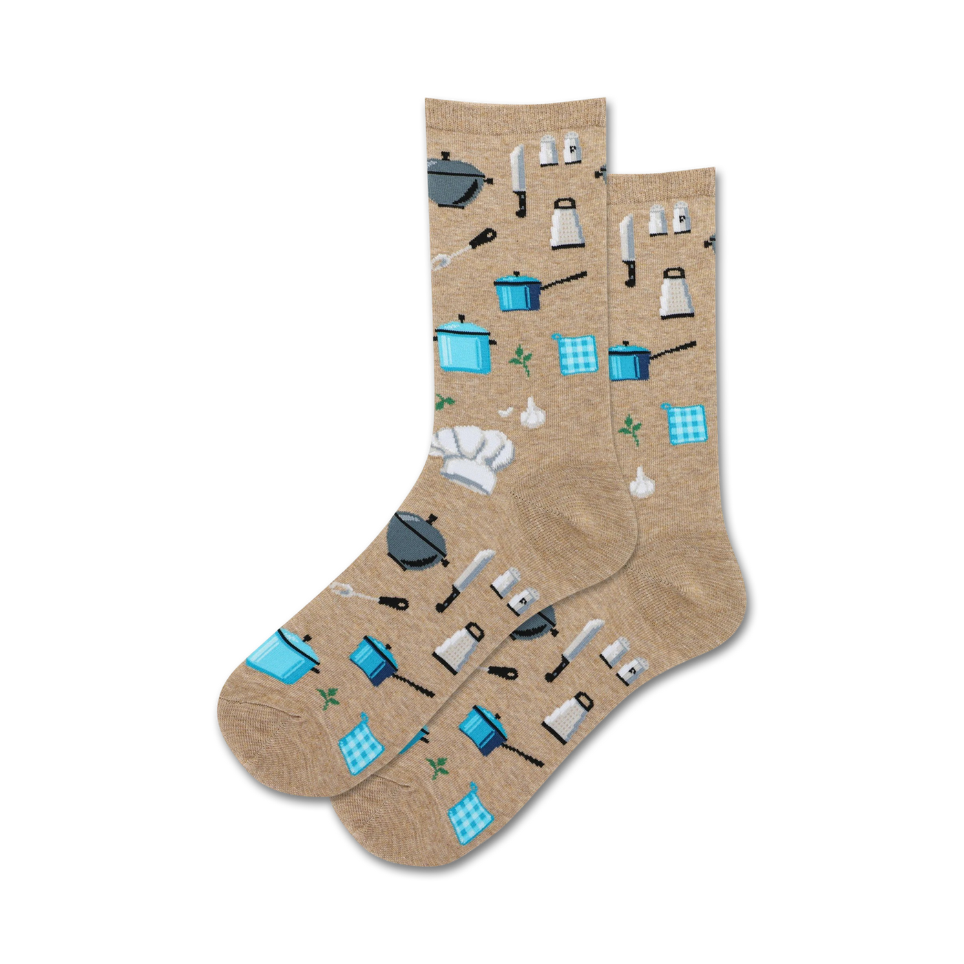 Lifestyle shot of a person wearing the tan Chef Tools socks. 