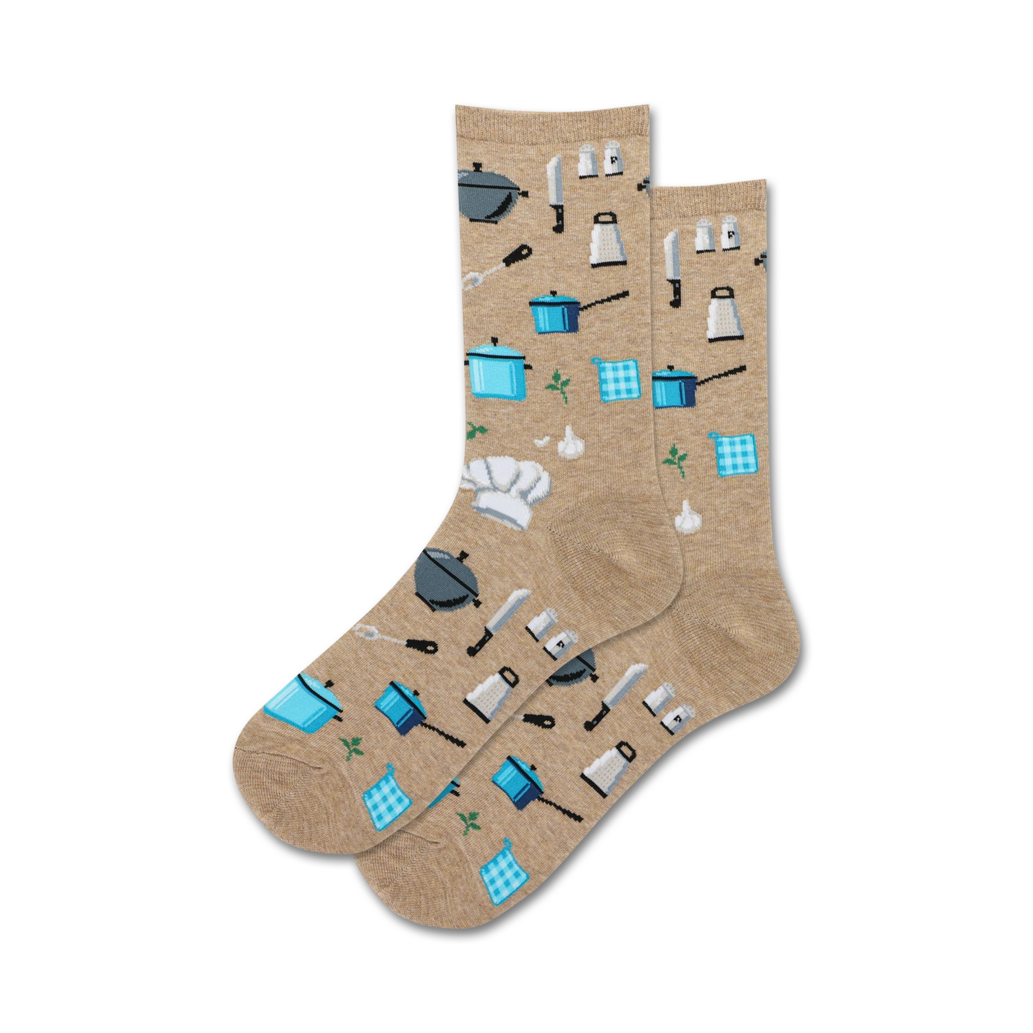 Lifestyle shot of a person wearing the tan Chef Tools socks. 