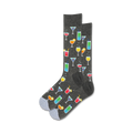 Pair of charcoal grey crew socks featuring colorful cocktail illustrations.  Fun, summery design.