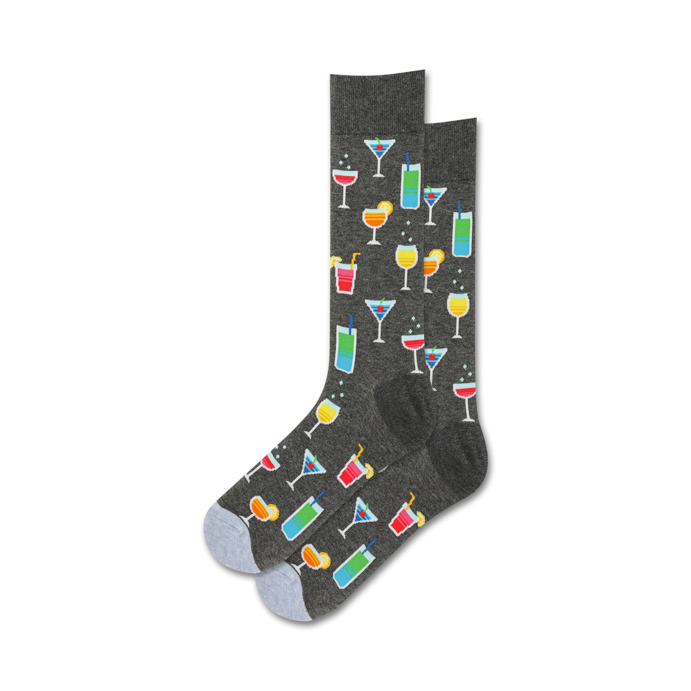 Pair of charcoal grey crew socks featuring colorful cocktail illustrations.  Fun, summery design.