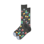 Pair of charcoal grey crew socks featuring colorful cocktail illustrations.  Fun, summery design.