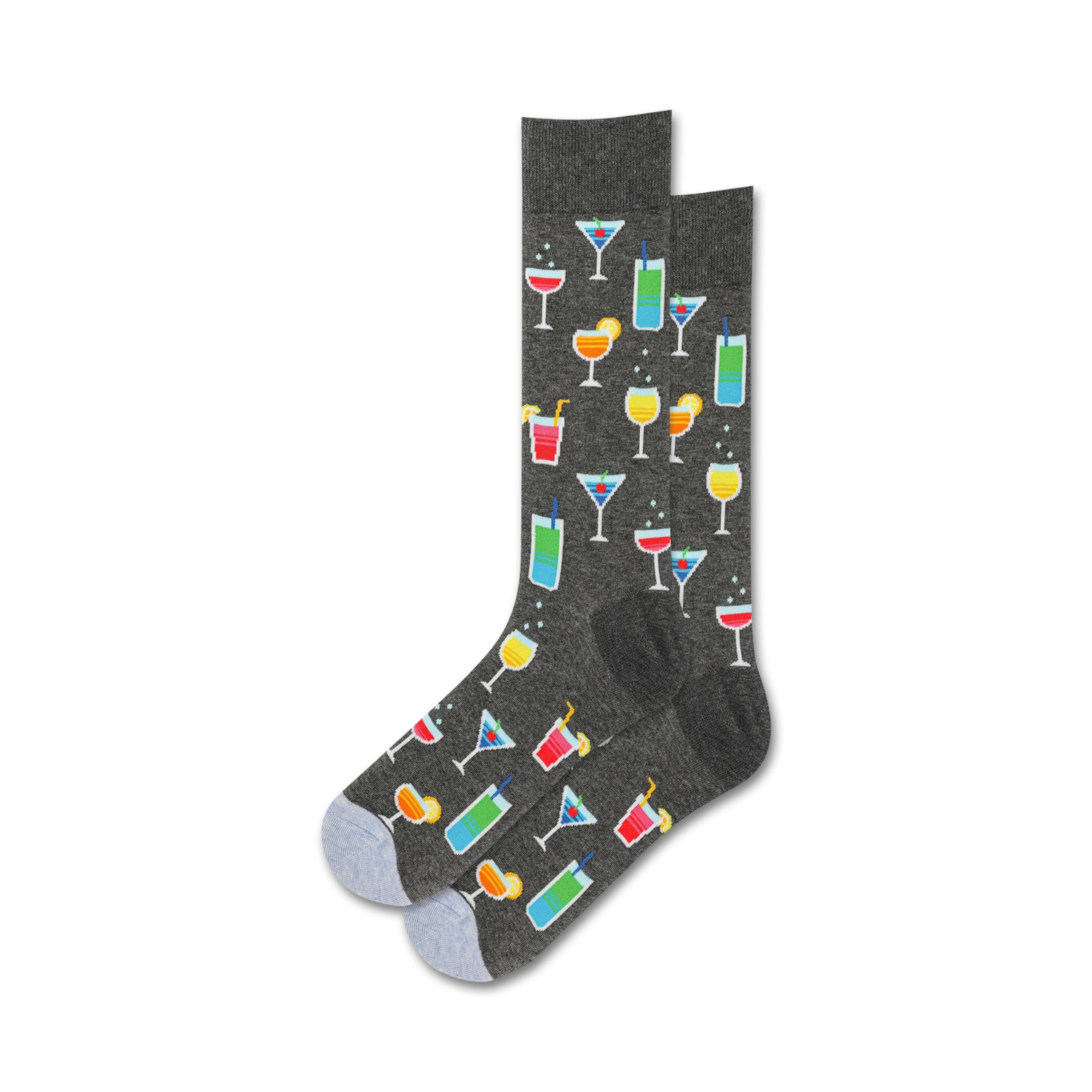 Pair of charcoal grey crew socks featuring colorful cocktail illustrations.  Fun, summery design.