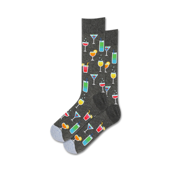 dark gray crew socks with colorful cocktail pattern garnished with cherries and olives.  