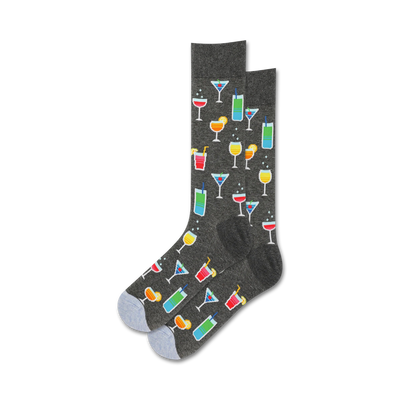 dark gray crew socks with colorful cocktail pattern garnished with cherries and olives.  