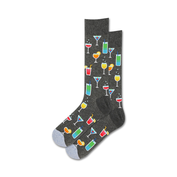 dark gray crew socks with colorful cocktail pattern garnished with cherries and olives.  