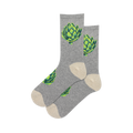 Pair of grey crew socks with lime green artichoke designs.  A fun, quirky and stylish addition to any wardrobe.