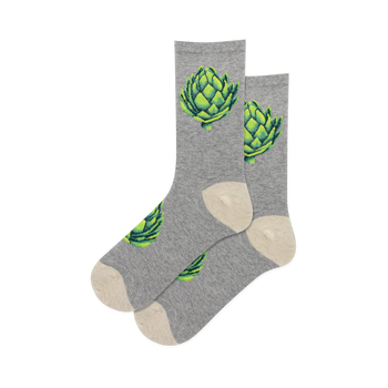 Pair of grey crew socks with lime green artichoke designs.  A fun, quirky and stylish addition to any wardrobe.