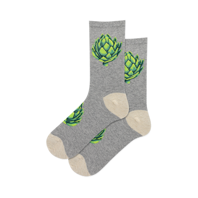 Pair of grey crew socks with lime green artichoke designs.  A fun, quirky and stylish addition to any wardrobe.