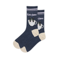 Pair of crew socks; navy blue with cream accents, featuring a tuxedo cat in a coffee cup graphic and 'Cat-feine' text.
