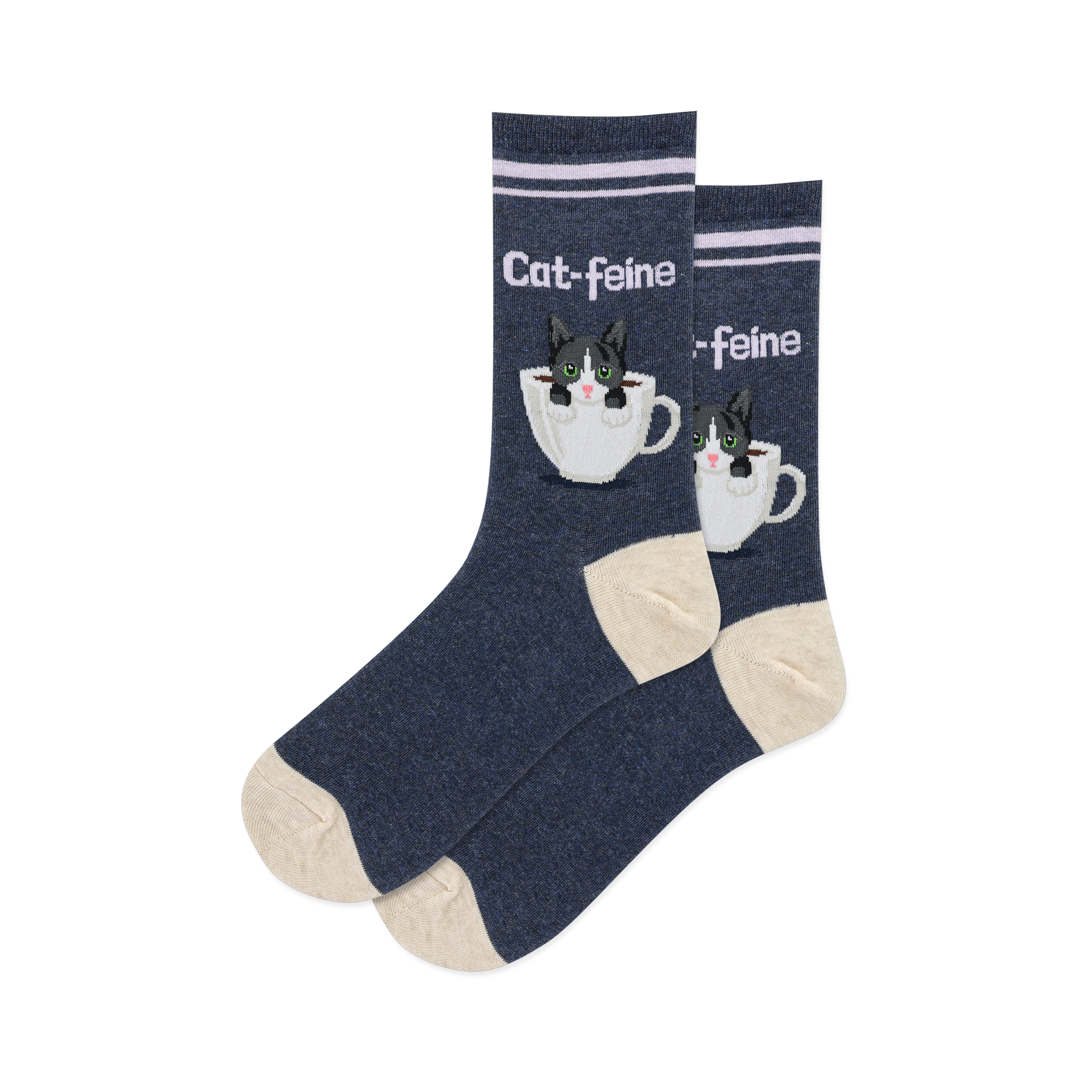 Pair of crew socks; navy blue with cream accents, featuring a tuxedo cat in a coffee cup graphic and 'Cat-feine' text.