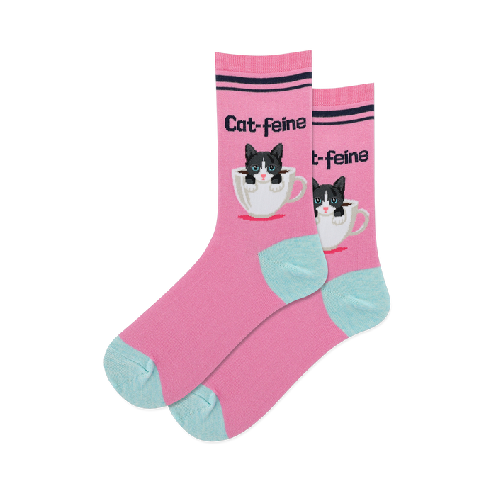 Lifestyle shot of Cat-Feine socks on a model's feet, showing the socks in action.