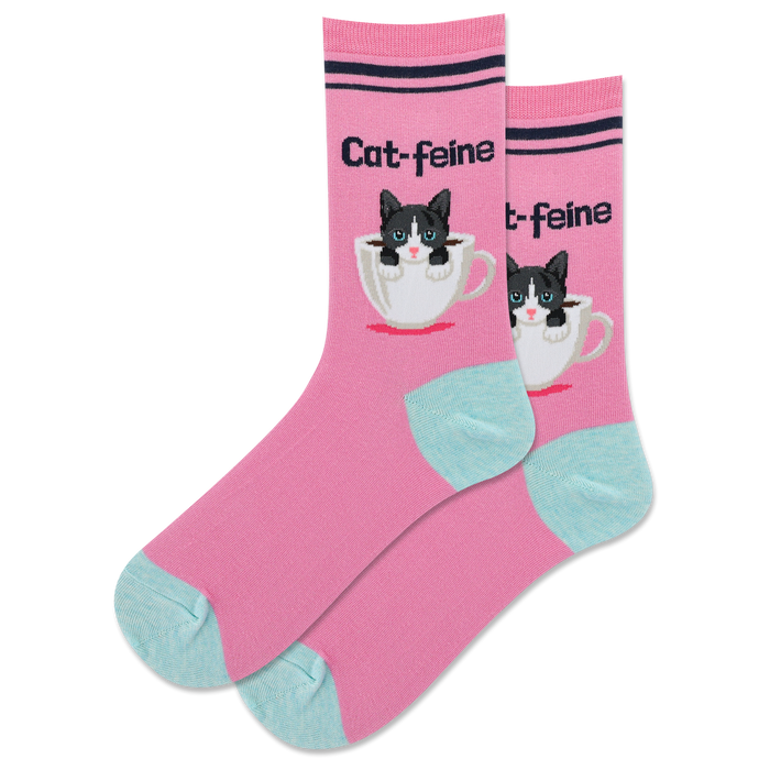 women's crew socks in pink with blue toe, heel, top. black cat in white coffee cup with 