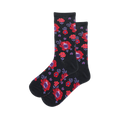 Pair of women's crew socks in black and red, featuring a poppy floral print. 